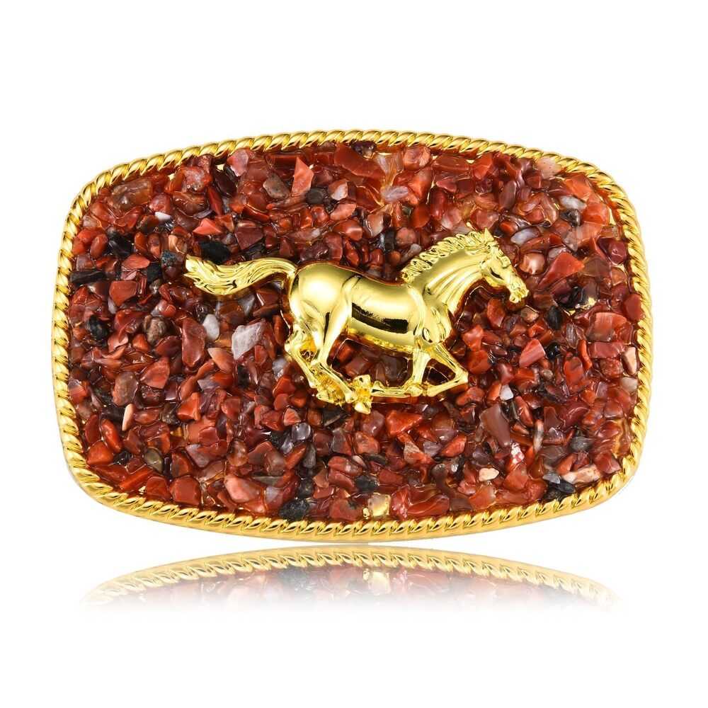 7404 Western Belt Buckle , Golden Horse Belt Buckle with Brown Rubble